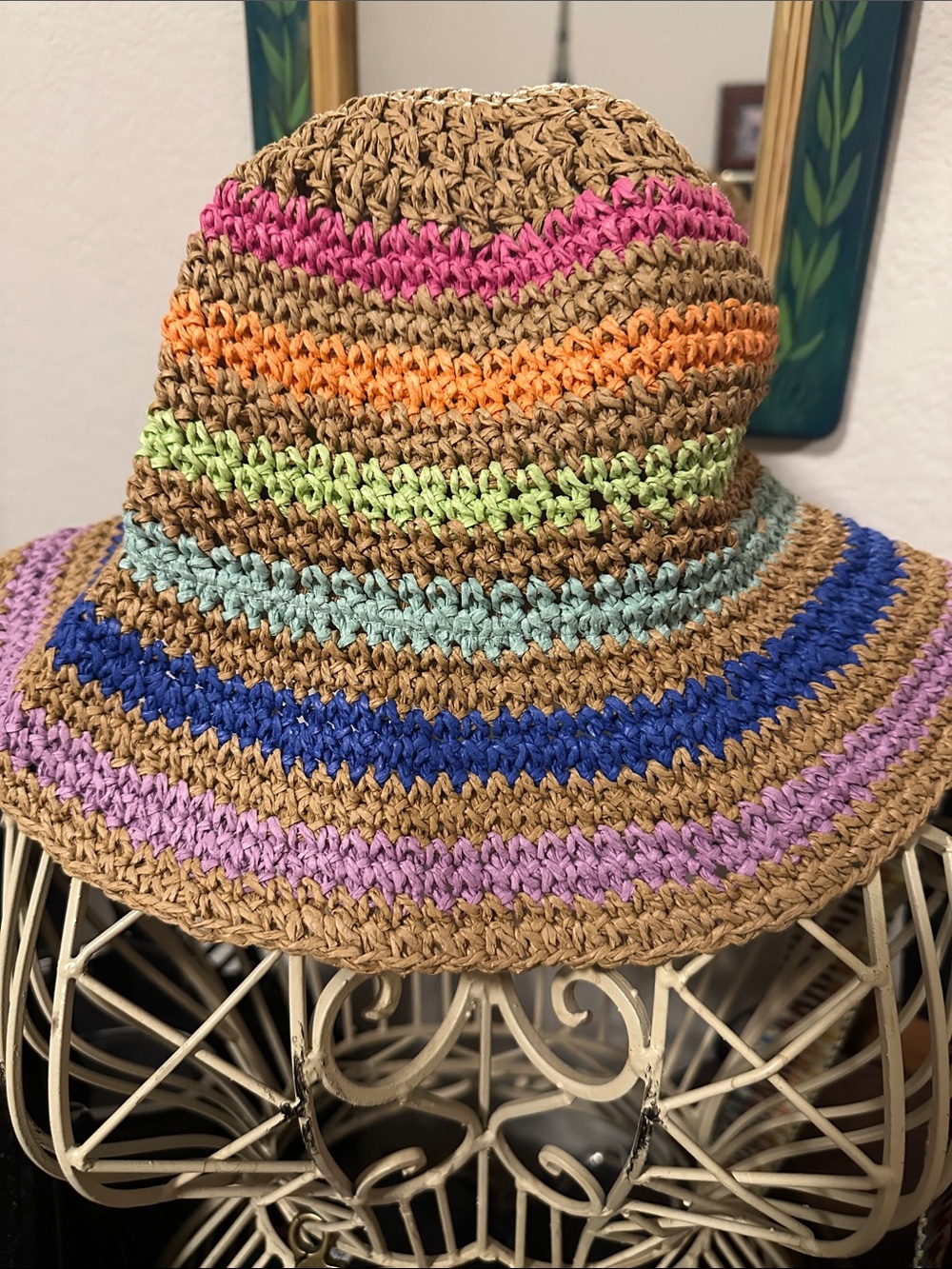 No Boundaries Multicolor Crochet Sun Hat with Pink and Orange Stripes